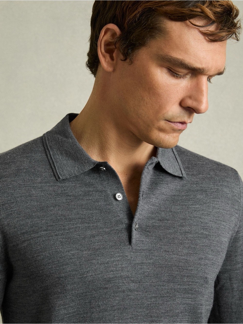 Reiss Wool Polo Shirt in Mid Grey Melange XL